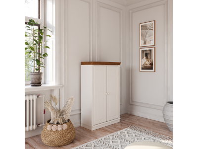 Estante de madeira com 1,19 m na cor branco lavado e mel e duas portas maciça / Coleção biblioteca